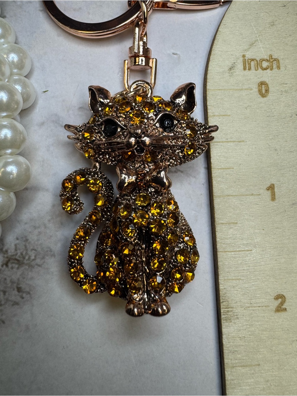 Crystal Cat Keychain Charm - Gold Rhinestone Cat Keyring - Picture 2 of 2